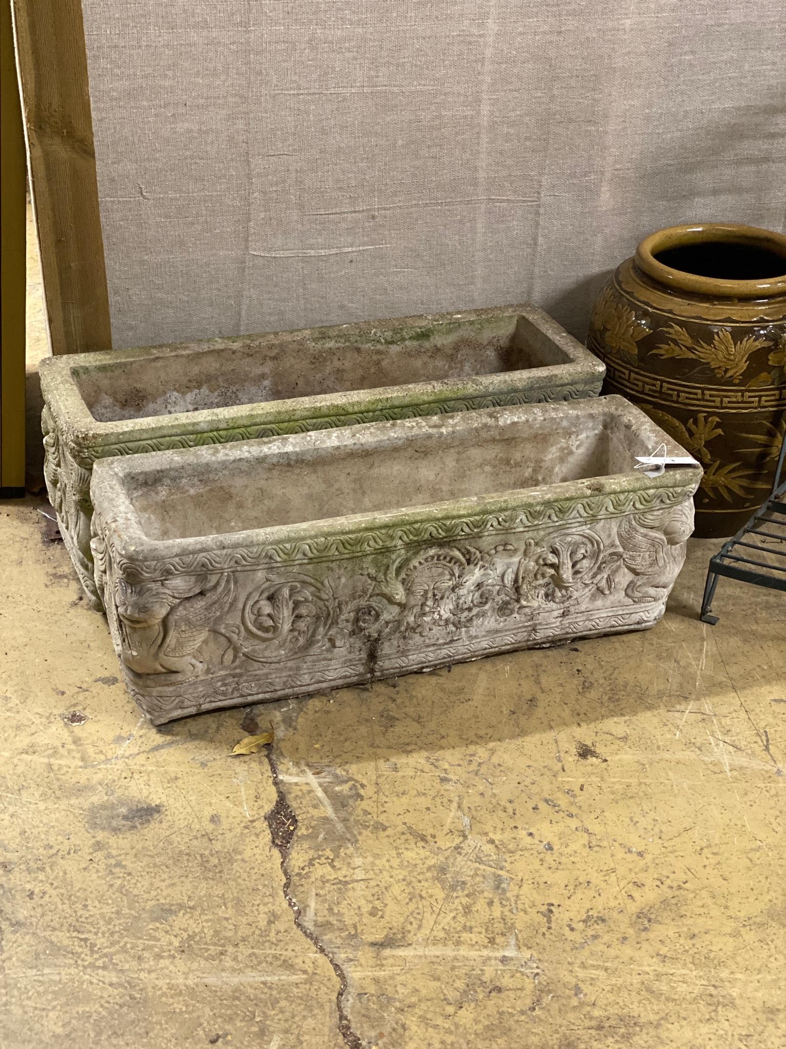 A pair of reconstituted stone garden troughs, width 74cm